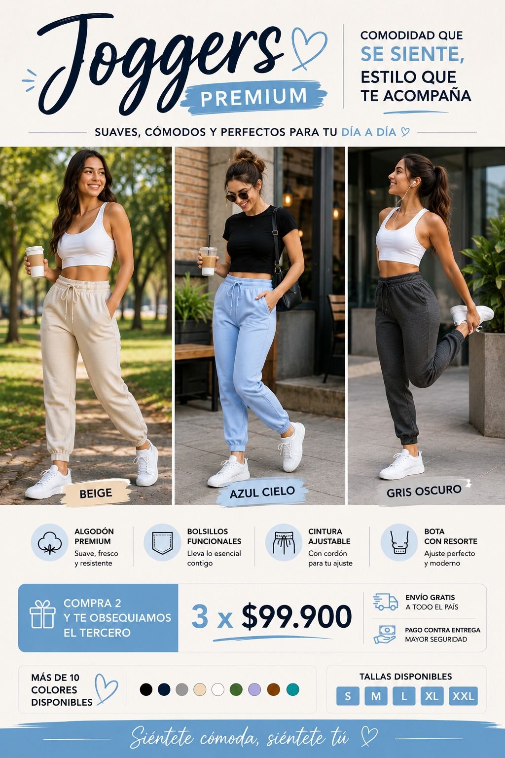 Joggers premium en beige, azul cielo y gris oscuro